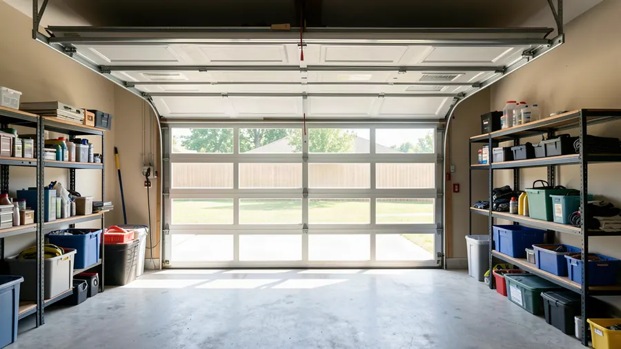 Inside a garage looking at an open roller door with insulated slats and daylight through the opening