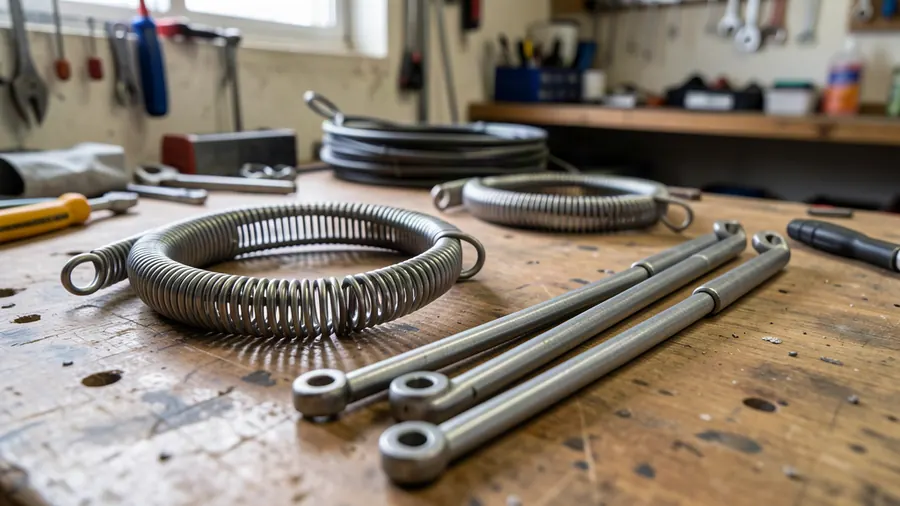 Snapped torsion spring removed from a garage door, lying on a workbench next to its replacement