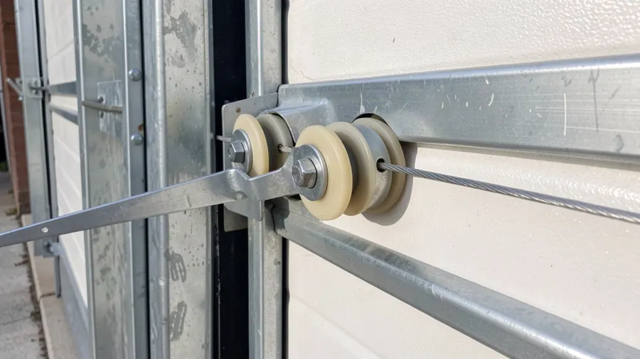 Close up of a garage door track, nylon rollers and cable drum before repair work