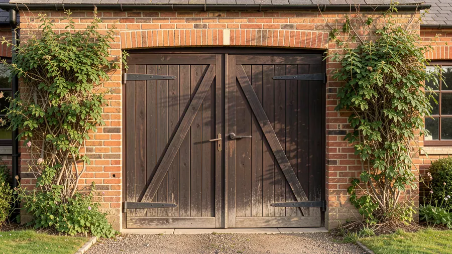 A timber up and over garage door on a Peterborough home: the classic one-piece style